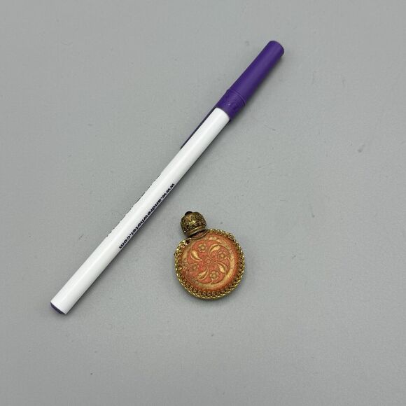 Vtg Mini Filigree Pink Ornate Perfume Glass Bottle with Brass Cap Glass Dipstick - Picture 2 of 6